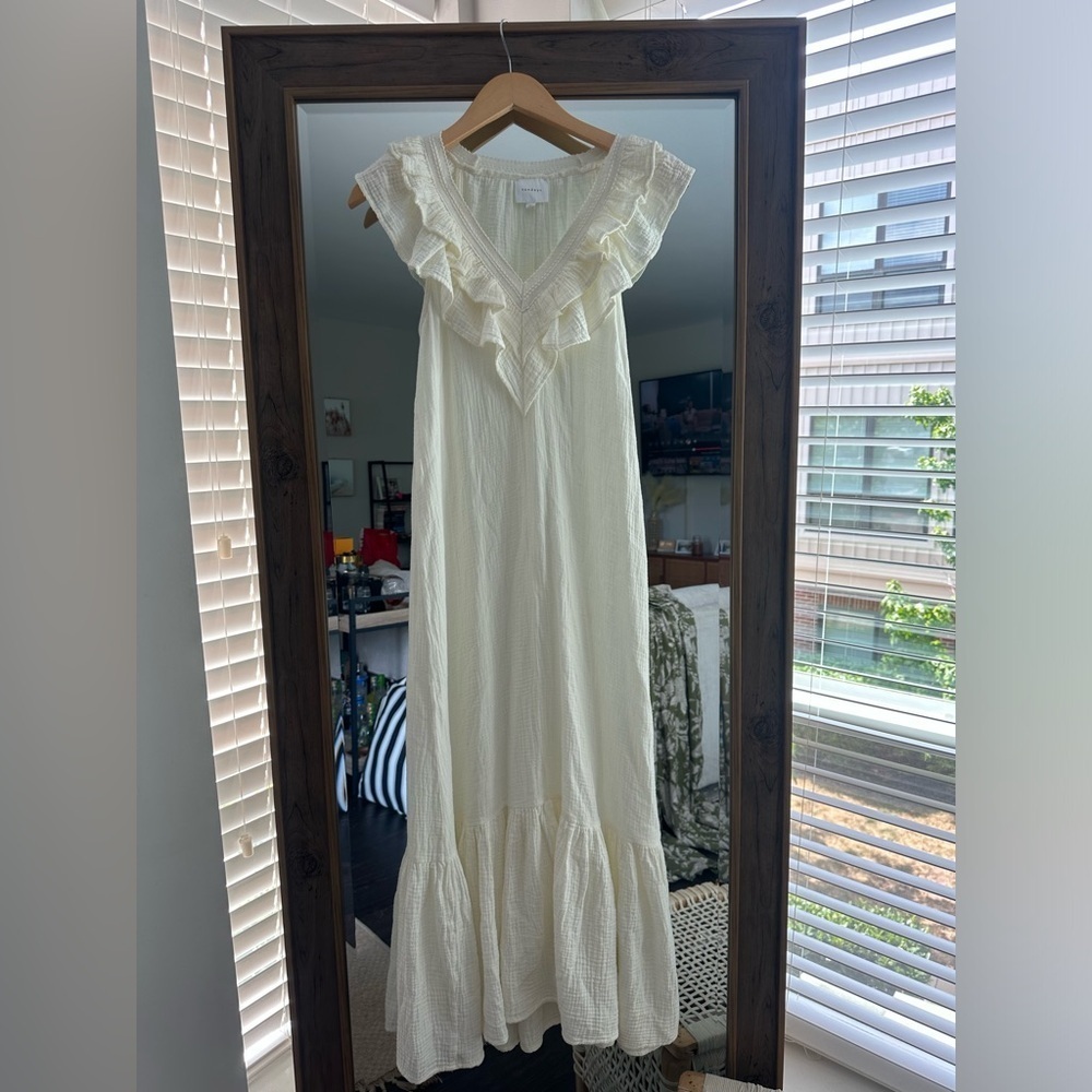 sundays Cream Ruffle V-Neck Maxi Dress